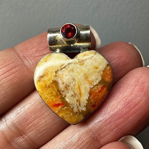 Heart shaped coral jasper and spessartite garnet in solid 925 pendant/slide! - Picture 5 of 11